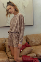 Annie Wear Mocha Checkered Round Neck Top and Drawstring Shorts Set Loungewear Set