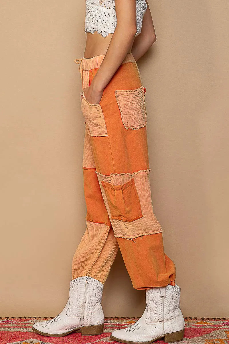 POL Chill Red Drawstring Pocketed Contrast Linen Cargo Jogger Pants