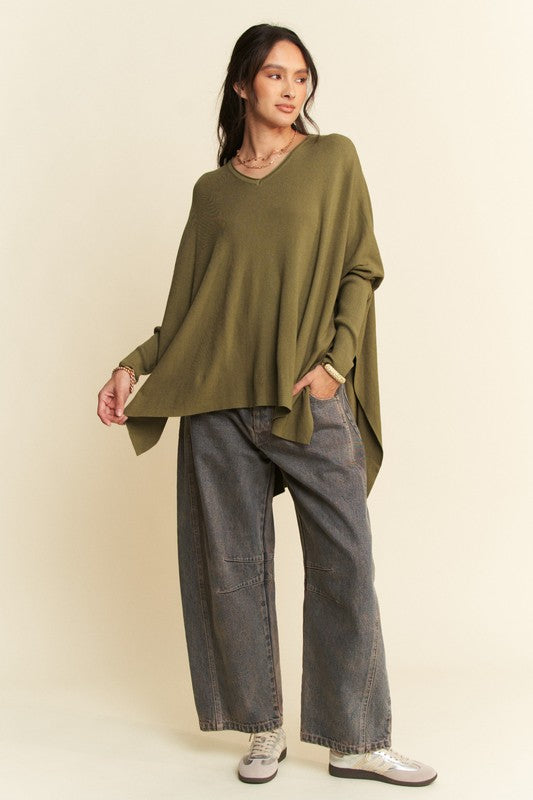 Davi & Dani Olive High-Low Side Slit Batwing Sleeve Top