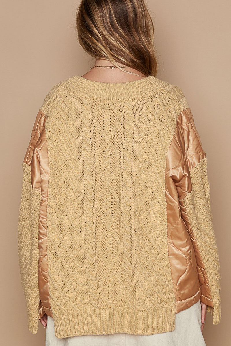 POL Camel Quilting Patch Button Down Cable Knit Sweater Trendsi