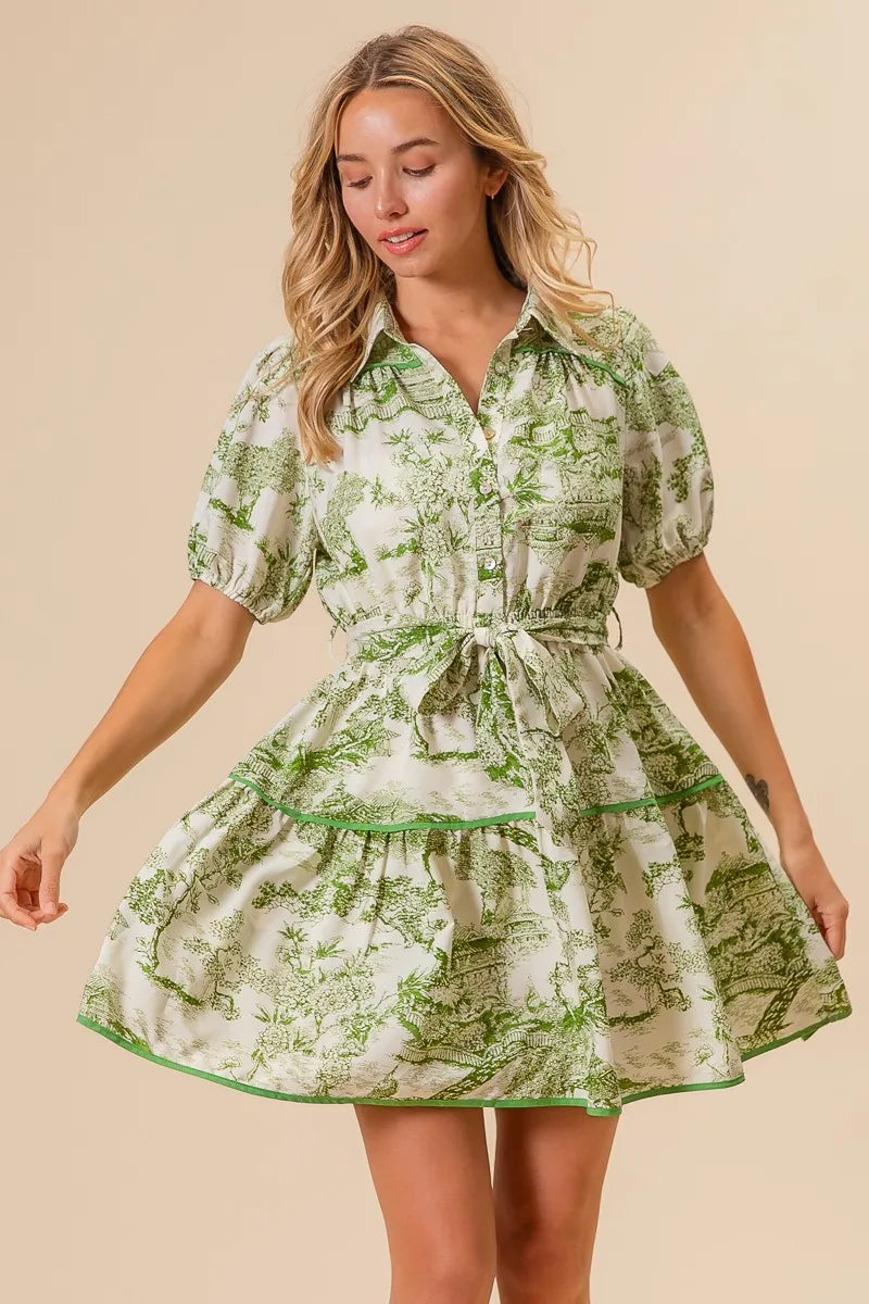 BiBi Avocado Woven Printed Tiered Dress AVOCADO