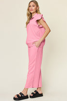 Double Take Quilted Textured Ruffle Short Sleeve Top and Drawstring Wide Leg Pants Set Trendsi