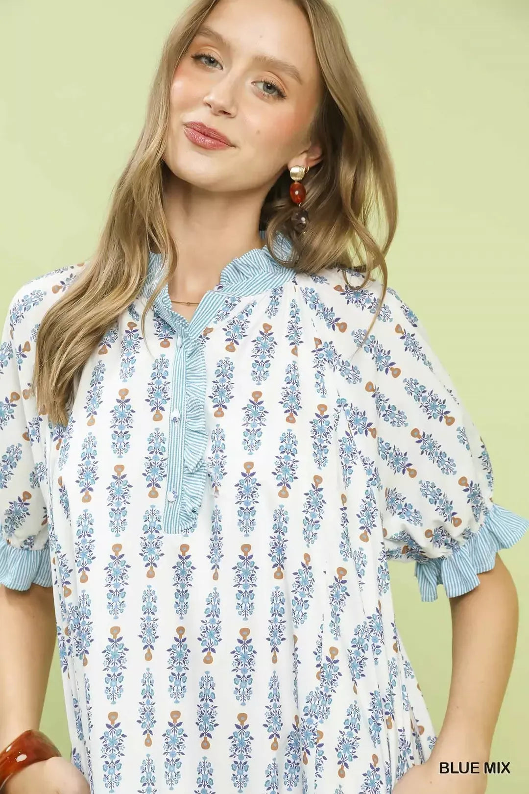 Umgee Blue Mix Striped Trim Floral Tiered Mini Dress