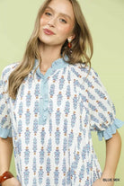 Umgee Blue Mix Striped Trim Floral Tiered Mini Dress