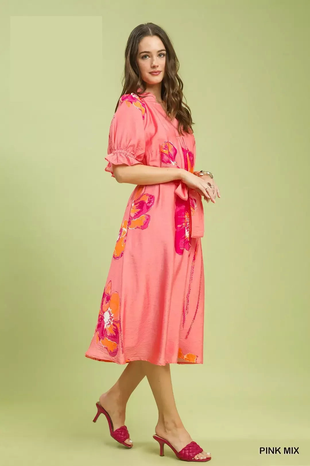 Umgee Pink Mix Floral Flounce Sleeve Midi Dress with Belted