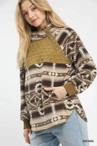 Umgee Brown Aztec Print Sherpa Pullover Brown