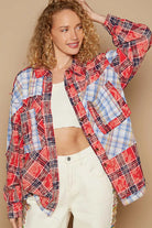 POL Ted Multi Plaid Patchwork Long Sleeve Button Down Shirt with Raw Edge Detail
