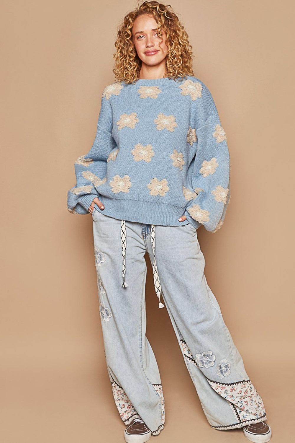 POL Cornflower Blue Daisy Pattern Drop Shoulder Oversized Sweater Trendsi