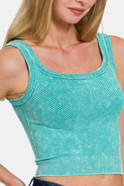 Zenana Light Teal Stone Washed Ribbed Scoop Neck Wide Strap Seamless Bra Tank