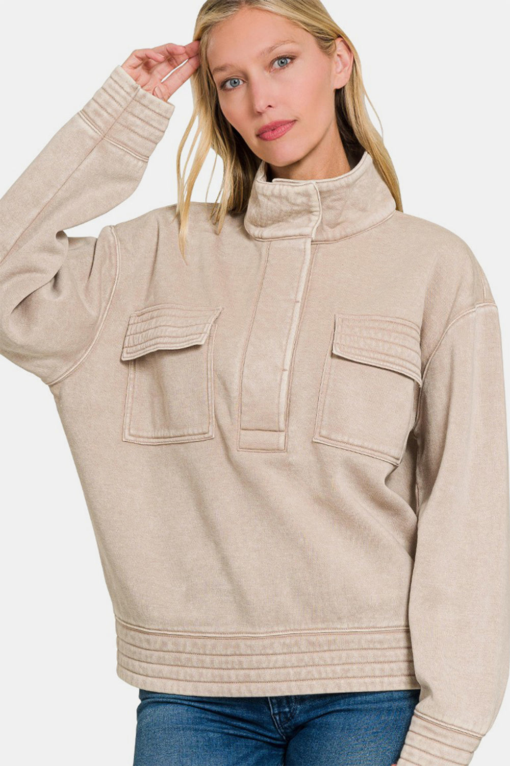 Zenana Ash Mocha Acid Washed Half Snap Fleece Sweatshirt Ash Mocha