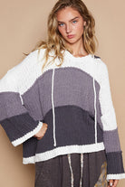 POL Ivory Charcoal Color Block Long Sleeve Hooded Chenille Pullover Sweater Ivory Charcoal Multi Trendsi