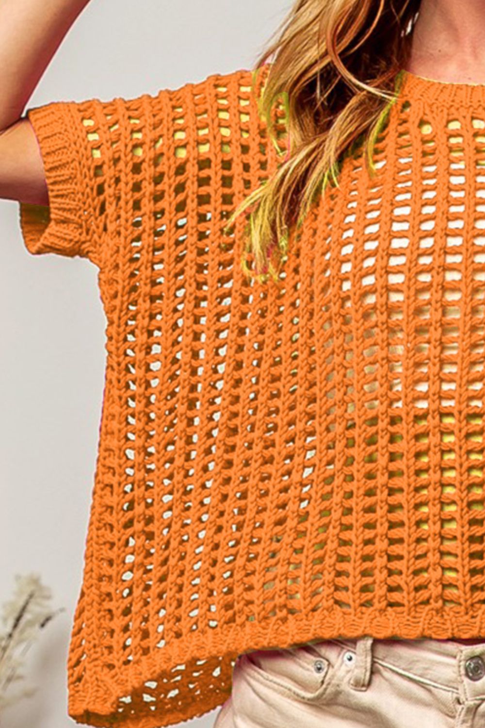 BiBi Orange Hollowed Out Short Sleeve Knit Cover Up Trendsi