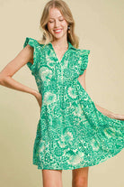 Umgee Green Printed Ruffle Cap Sleeve Babydoll Dress Green