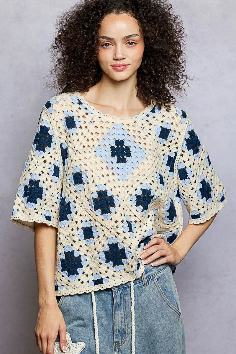 POL Blue Multi Round Neck Short Sleeve Color Pattern Crochet Top with Border Accents BLUE MULTI