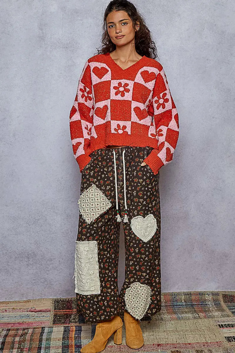 POL Cherry Red & Pink V-Neck Heart Pattern Checkered Sweater