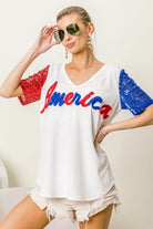 BiBi Metallic Letter America V-neck Sequin Sleeves Top