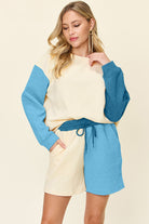 Double Take: 6 Colors: Quilted Textured Color Block Contrast Long Sleeve Drop Shoulder Top and Shorts Set Pastel Blue Loungewear