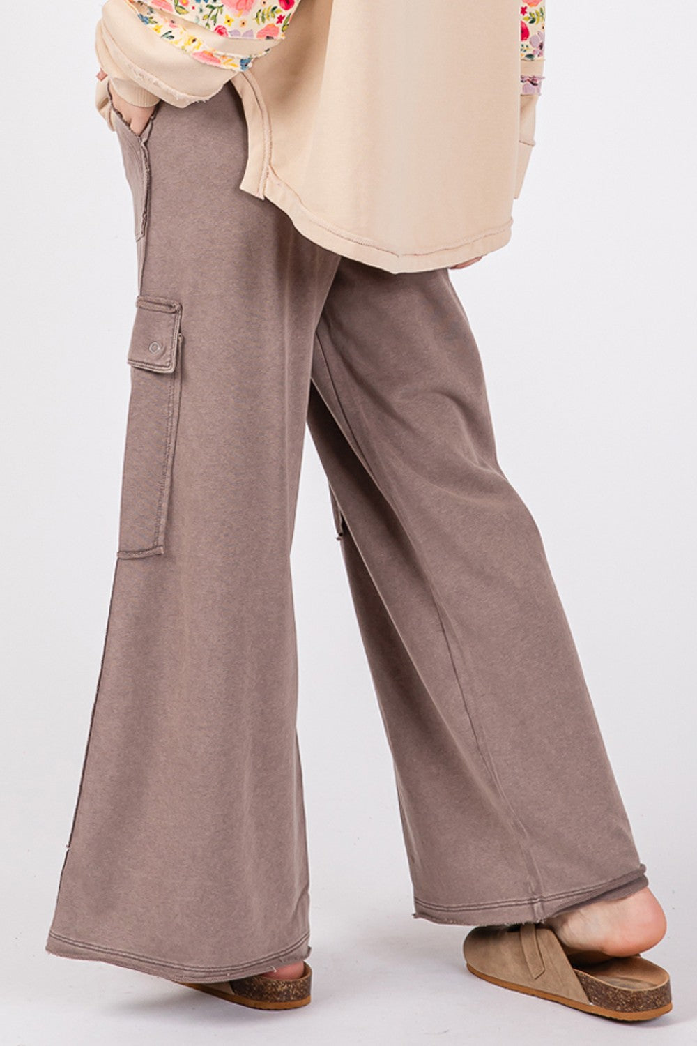 SAGE + FIG Charcoal Knit Terry Mineral Wash Wide Leg Pants Trendsi