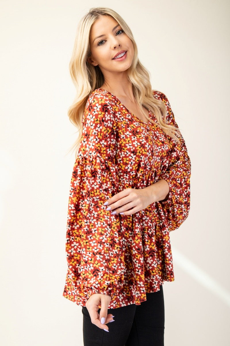 Celeste Floral V-Neck Tiered Balloon Sleeve Blouse in Rust Shirts & Tops