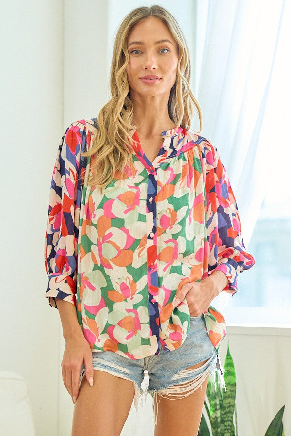 First Love Multicolor Floral Button Down Satin Shirt Trendsi