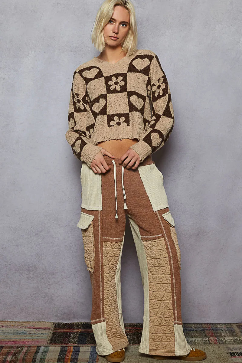 POL Mocha & Brown V-Neck Heart Pattern Checkered Sweater