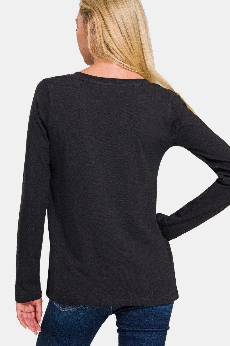 Zenana Black V-Neck Long Sleeve T-Shirt Shirts & Tops