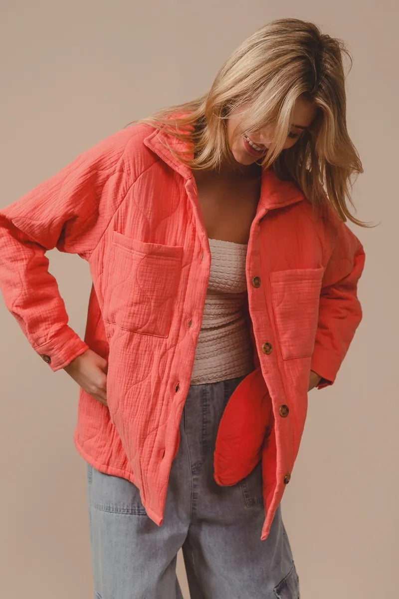 BiBi Coral Quilted Wrinkle Gauze Long Sleeve Shacket
