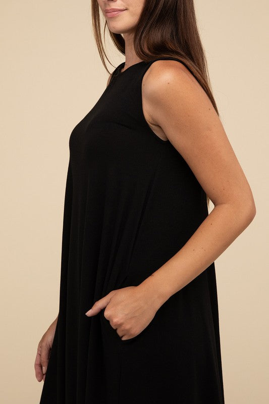 Zenana Sleeveless Flared Dress with Side Pockets in 3 Colors BLACK ZENANA