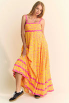 Davi & Dani Geo Two Tone Printed Wavi Trim Tiered Maxi Dress PINK