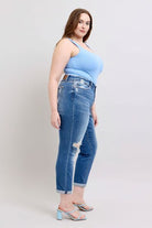 Judy Blue Medium Washed Button Fly Distressed Boyfriend Fit Jeans