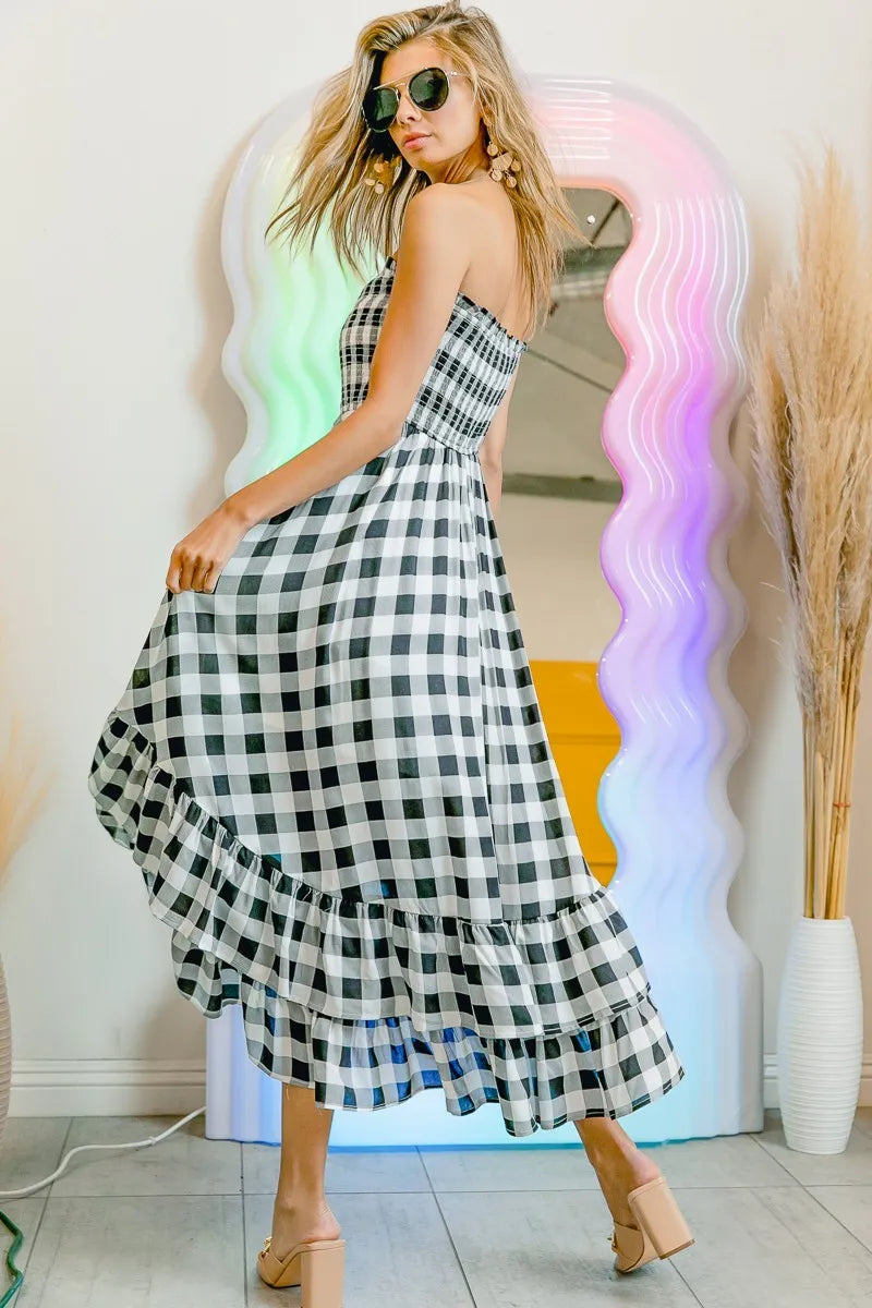 BiBi Black & Ivory Smocked Body Off Shoulder Check Dress