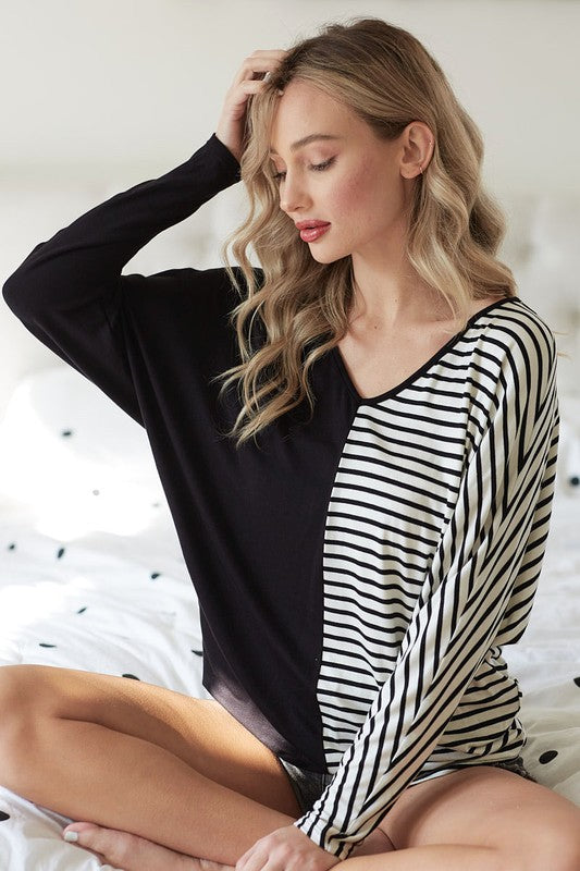 BiBi Black Two-Tone Striped V-Neck Long Sleeve Top Black