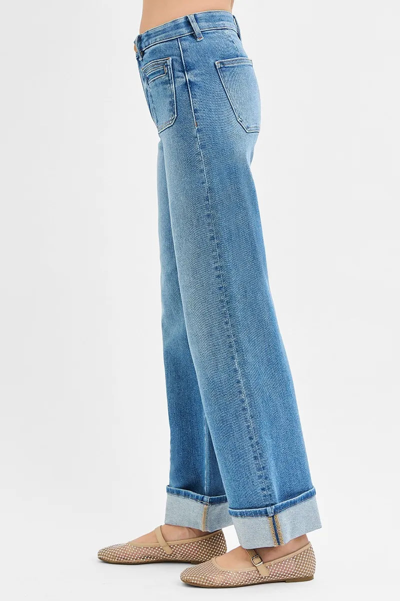 RISEN Elastic Band Mid Rise Wide Front Patch Pocket Cuff Jeans