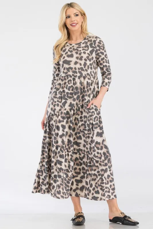Celeste Leopard Print Asymmetric Tiered Midi-Dress