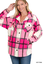 Zenana Hot Pink Oversized Plaid Fleece Shacket HOT PINK