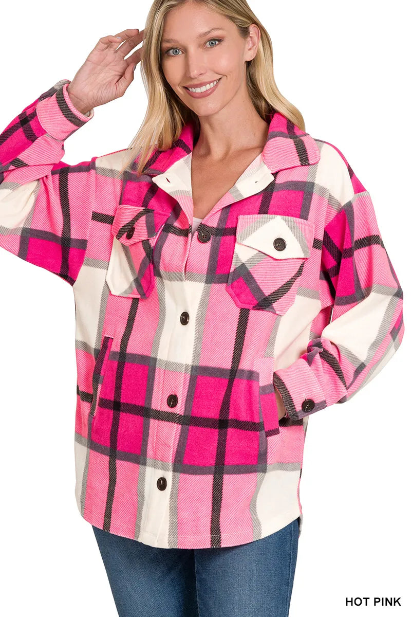 Zenana Hot Pink Oversized Plaid Fleece Shacket HOT PINK