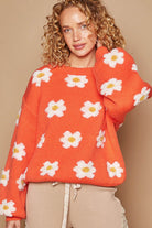 POL Sun Orange Daisy Pattern Drop Shoulder Balloon Sleeve Sweater Sun Orange Trendsi