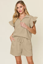 Double Take Quilted Textured Flounce Sleeve Top and Drawstring Shorts Set Khaki Loungewear