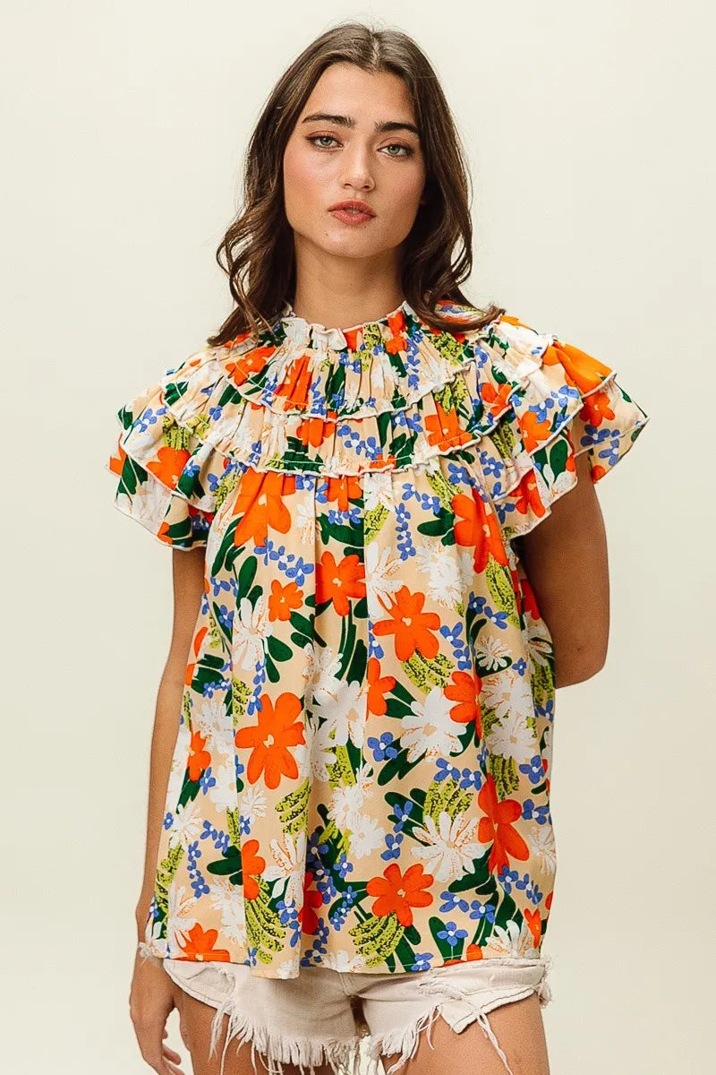BiBi Cream & Multi Color Floral Print Woven Ruffle Sleeve Blouse