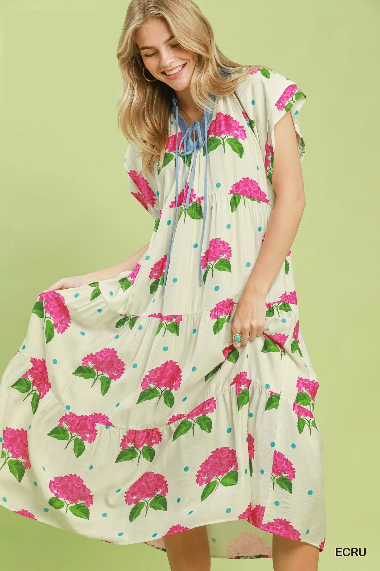 Umgee Hydrangea Print Tiered Midi Dress ECRU