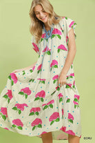 Umgee Hydrangea Print Tiered Midi Dress ECRU
