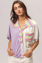 BiBi Lavender Color Block Knit with Multi Checker Contrast Top