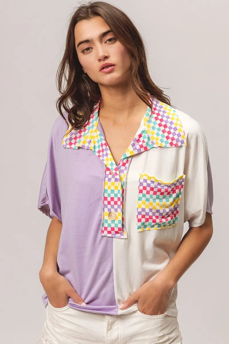 BiBi Lavender Color Block Knit with Multi Checker Contrast Top