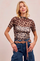 BiBi High Neck Leopard Mesh Short Sleeves Top LEOPARD