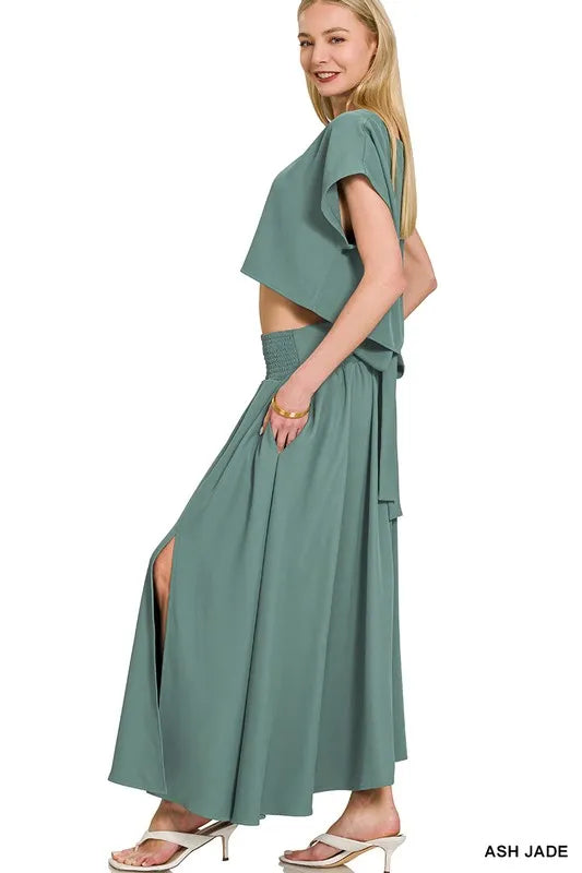 Zenana Ash Jade Heavy Woven Span Crop Tee & Skirt Set