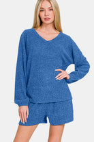 Zenana Royal Blue V-Neck Long Sleeve Ribbed Top and Shorts Set Loungewear