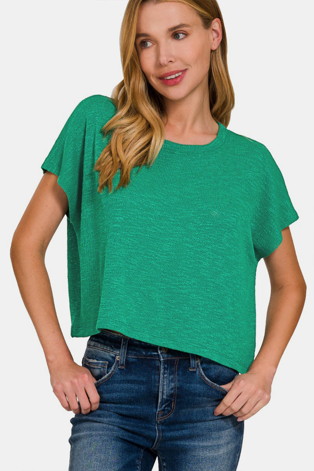 Zenana Kelly Green Round Neck Cropped Short Sleeve T-Shirt K Green Trendsi