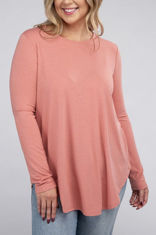 Zenana Plus Long Sleeve Round Neck Round Hem Top ASH ROSE ZENANA