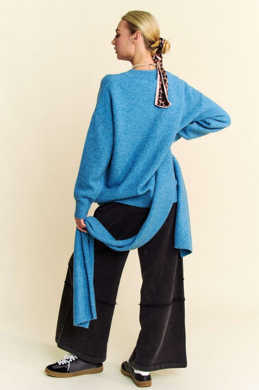 Davi & Dani Cerulean V-Neck Dropped Shoulder Sweater with Scarf Trendsi