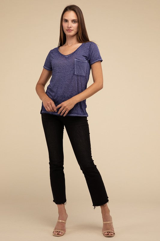 Washed Melange Burnout Scoop V-Neck Top ZENANA